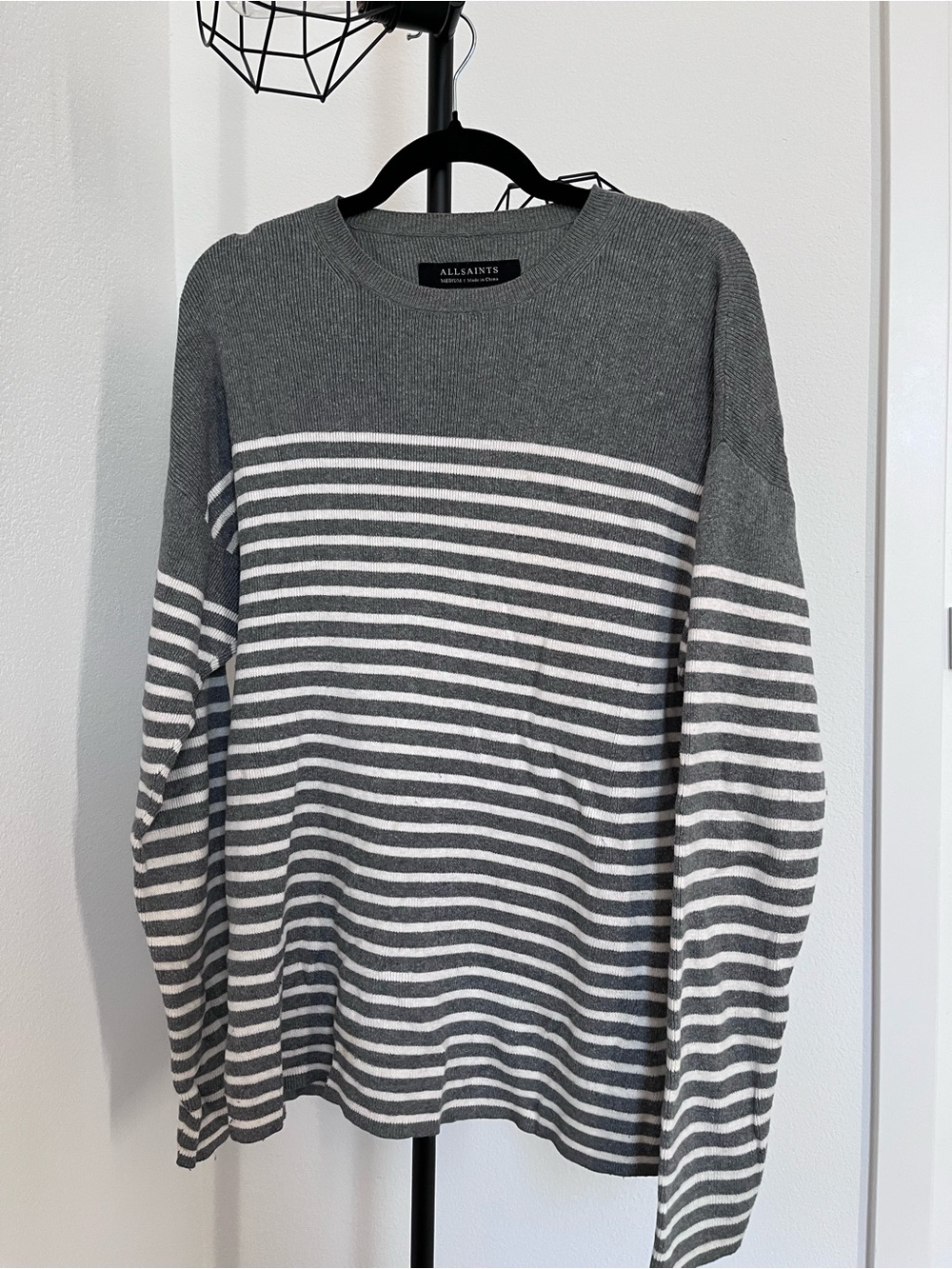 AllSaints Gray & White Striped Crewneck Sweater